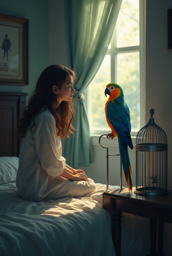 Imagine a teenage girl with long wavy hair, caindo suavemente sobre seus ombros. She's sitting on a bed, maybe dark wood, in a room with subtle and cozy decor. Next to you, on a small table or shelf near the bed, there is a shiny silver cage, empty, mas bem cuidada.
In front of her, on an elegant perch, a large bird with vibrant, colorful plumage rests. Its feathers are a mesmerizing blend of intense blues, emerald greens and radiant yellows, that contrast with the more neutral environment of the room.
The most intriguing detail is the shadow cast by the bird. On the floor or on the wall in front of the , the shadow does not reflect the shape of the bird, but rather that of a teenager, creating a sense of mystery and symbolism. This shadow seems to capture the girl's attention, who stares at the bird, as if trying to understand the riddle before her. The atmosphere is quiet, but the presence of the shadow brings a subtle tension and a sense of magic or something supernatural happening.