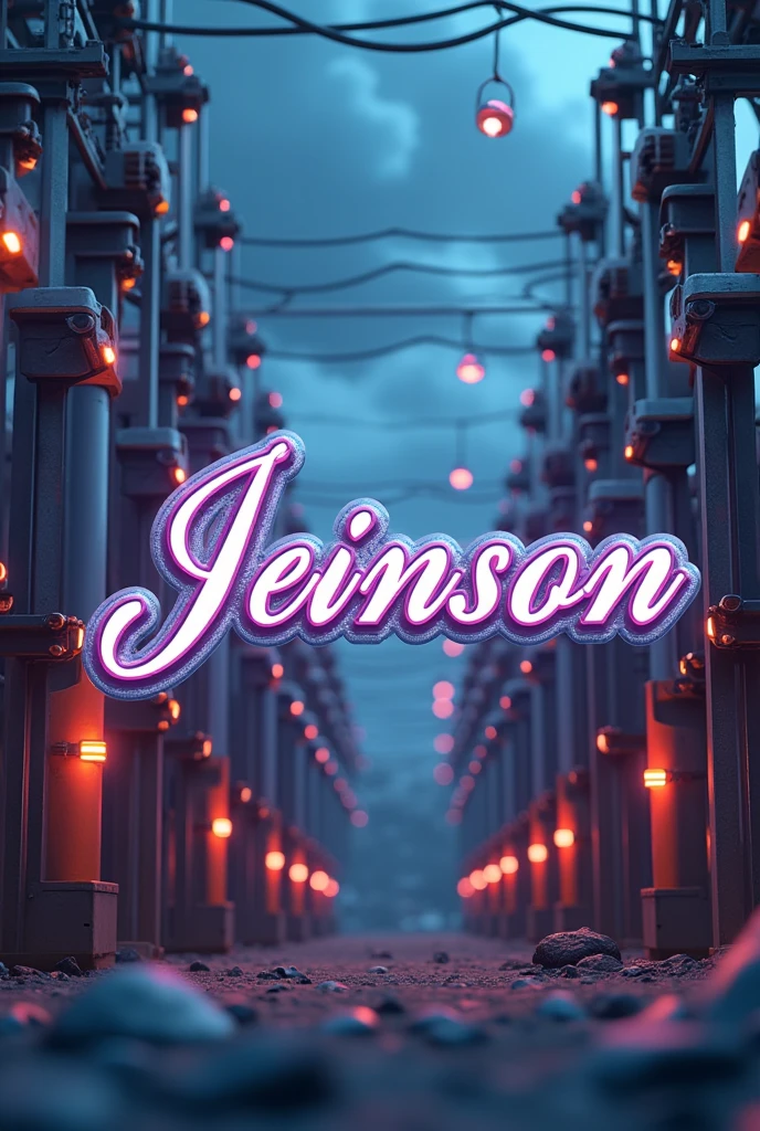 Image with the name jeinnson in cursive letters with a background of electricity transformers 3D art and electricity