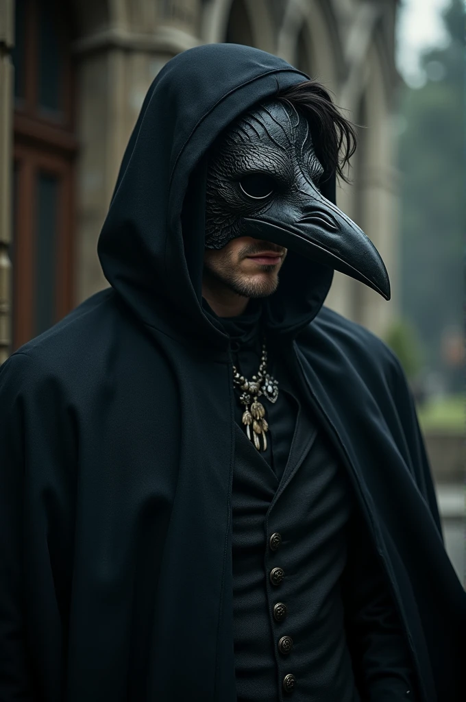 Um homem de cabelos pretos, with crow mask (the mask is very realistic) but showing the lower part of the face and the back of the head, 18th century clothing.