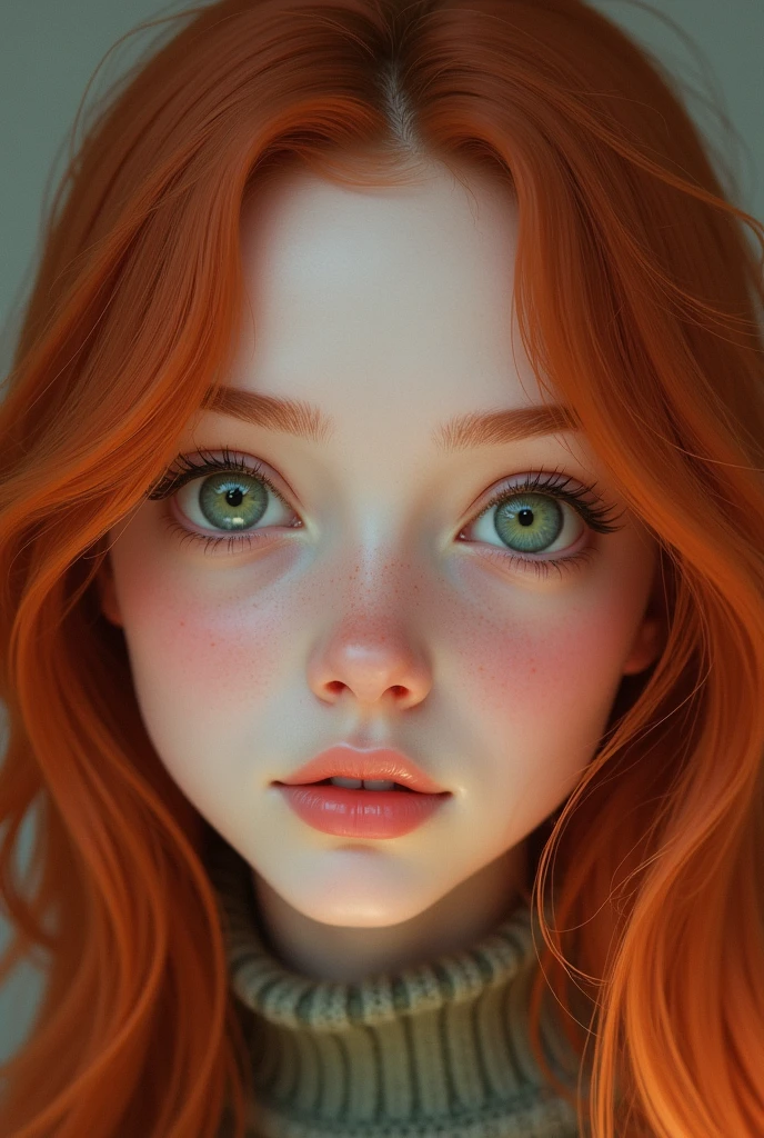 Girl, bambi eyes girl, green eyes, inocent face, cute face, long hair, beautiful, realistic girl, symmetrical face, photorealistic, red-haired girl, cute girl, 15 years, kawaii rusian, realistic, oval face, adolescent girl realistic