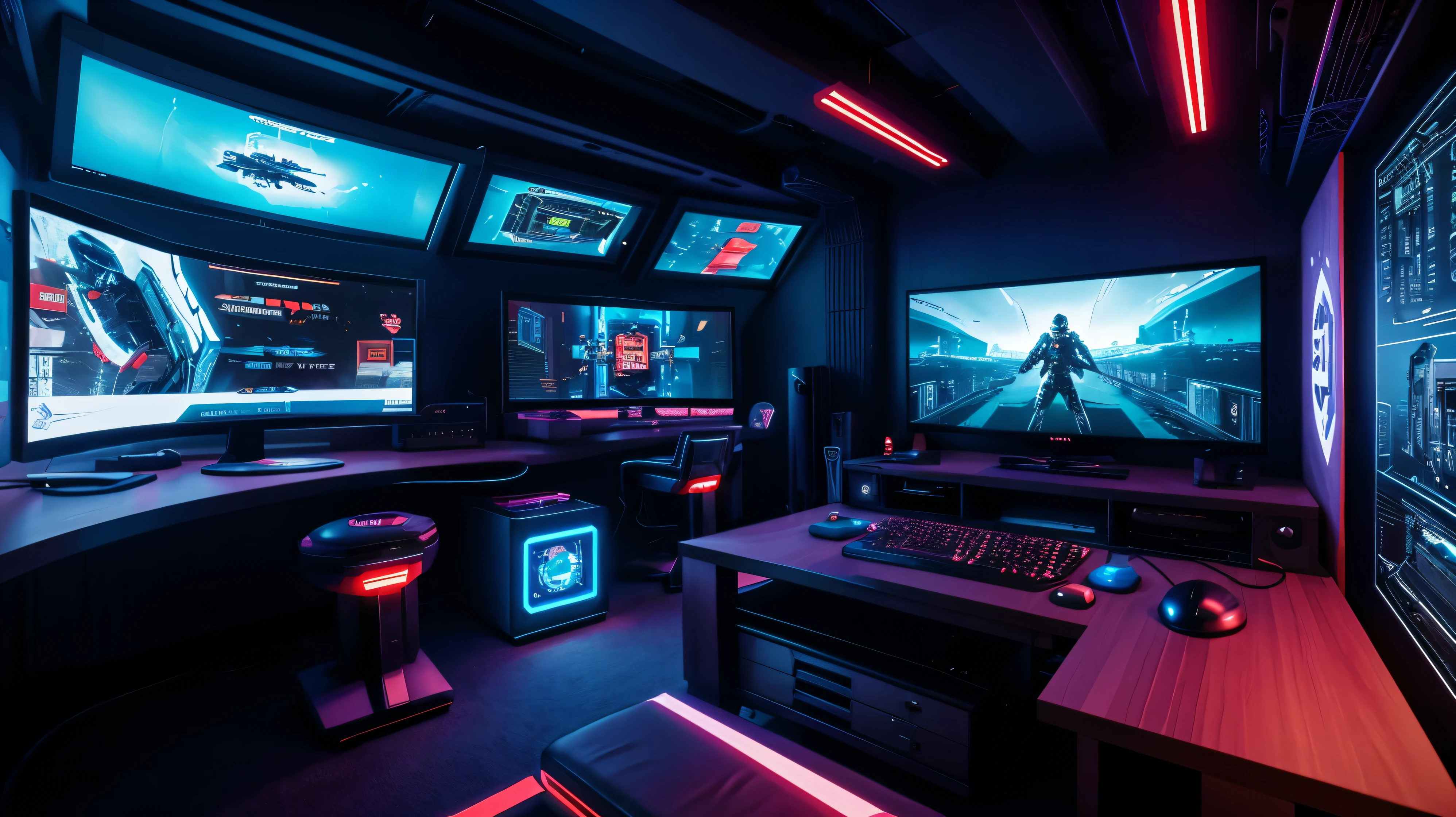 scifi, cyberpunk, futuristic, pc gaming room, hightech, daylight, very cozy, much space, wide angle, a lot of tech, 3 flat monitors, monitor ratio 21:9, monitor size 34 zoll, realistic view, ambient light, chilled ambient, year 2124, cinematic