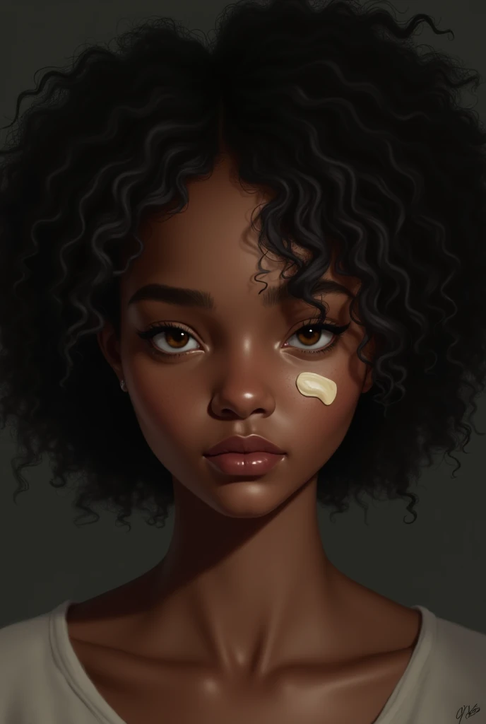Black woman with very small, light brown eyes, big and defined nose, medium mouth, dark circles and bags of fat under the eyes and long curly frizzy hair, oval face, half full, with a little bit of baby food on the neck, half full and dimpled cheeks