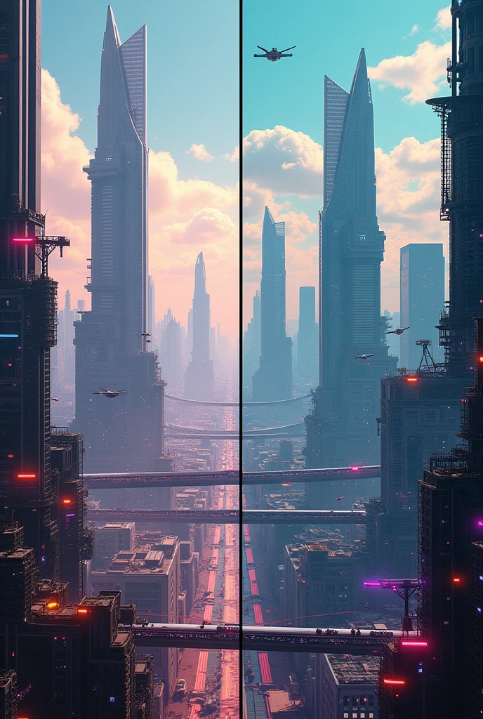 a spot the difference game with two images of a futuristic city, an image missing 3 things that the other one has