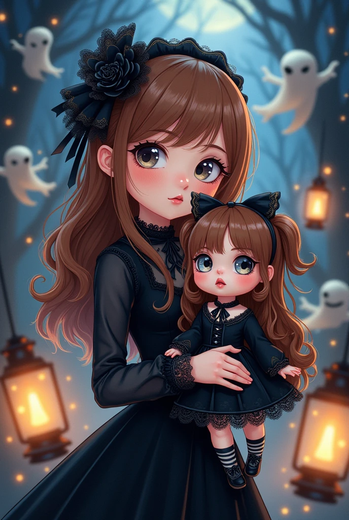 Young brunette cartoon style woman dressed in black and holding a gothic Lolita doll in her arms. Ghost and lanterns in the background