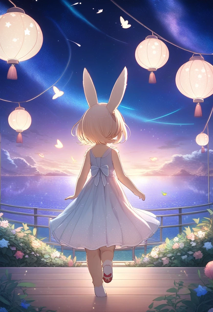 ((Masterpiece)), ((Best Quality)), (Very Detailed), ((Very Detailed)), 4K, (8K), very aesthetic, absurdres highres, 1 woman, (anthropomorphic Rabbit, furry, kemono:1.5), A young girl at a starry sea music festival, wearing a dress woven with tiny stars that glow as she moves. She plays a star-shaped instrument on a stage set under a galaxy-filled sky, with constellations and shooting stars. The atmosphere is filled with joy and wonder, with star-shaped lanterns and a beautifully decorated stage. The music reverberates through the starry sea, making the stars dance to the rhythm.