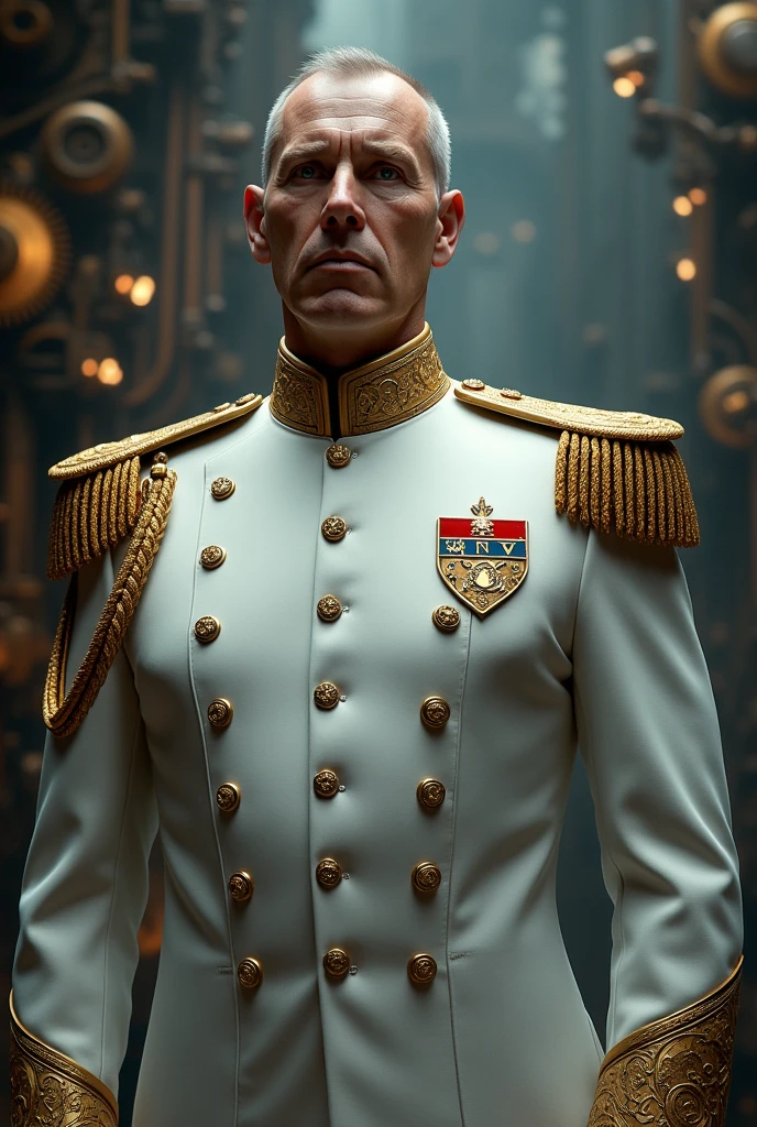A man in a white general's suit, with a steampunk vibe.