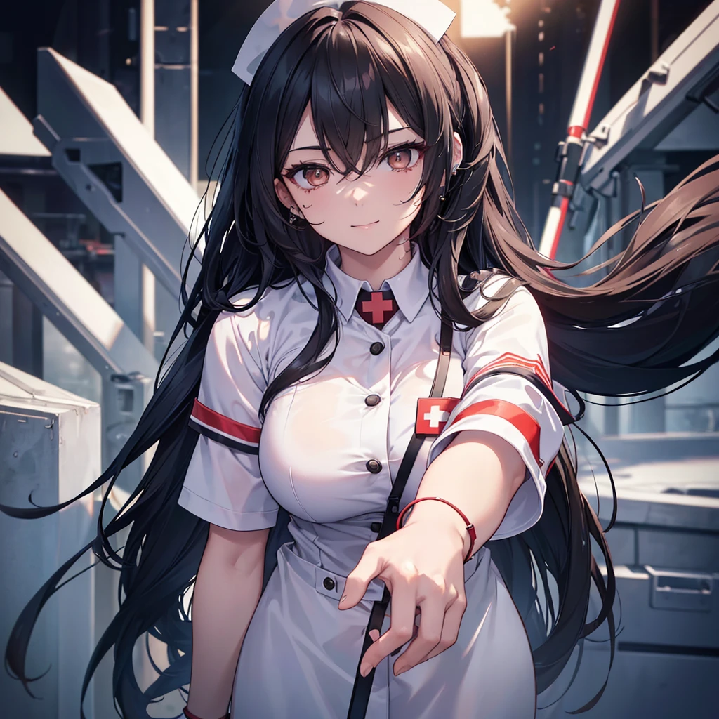 a nurse with long dark hair, piercing gaze, and a stern expression, no cap, full body view, high resolution, detailed, anime-style illustration, beautiful black hair, almond-shaped eyes, brown eyes, looking down with an intense, psychotic demeanor, large breasts, no piercings, smile,(best quality,4k,8k,highres,masterpiece:1.2),ultra-detailed,(realistic,photorealistic,photo-realistic:1.37)