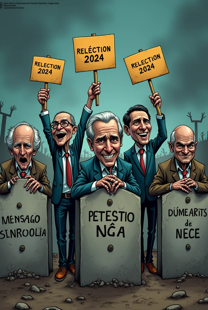 Illustration on the cover of the newspaper: A cartoon of politicians rising from graves labeled with corruption scandals like “Mensalão”, “Petrolão” and “CPI of NGOs”, everyone with smiles and holding “Reelection 2024” signs Brazil