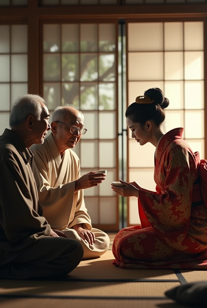 Japanese Geisha talking to old people 
