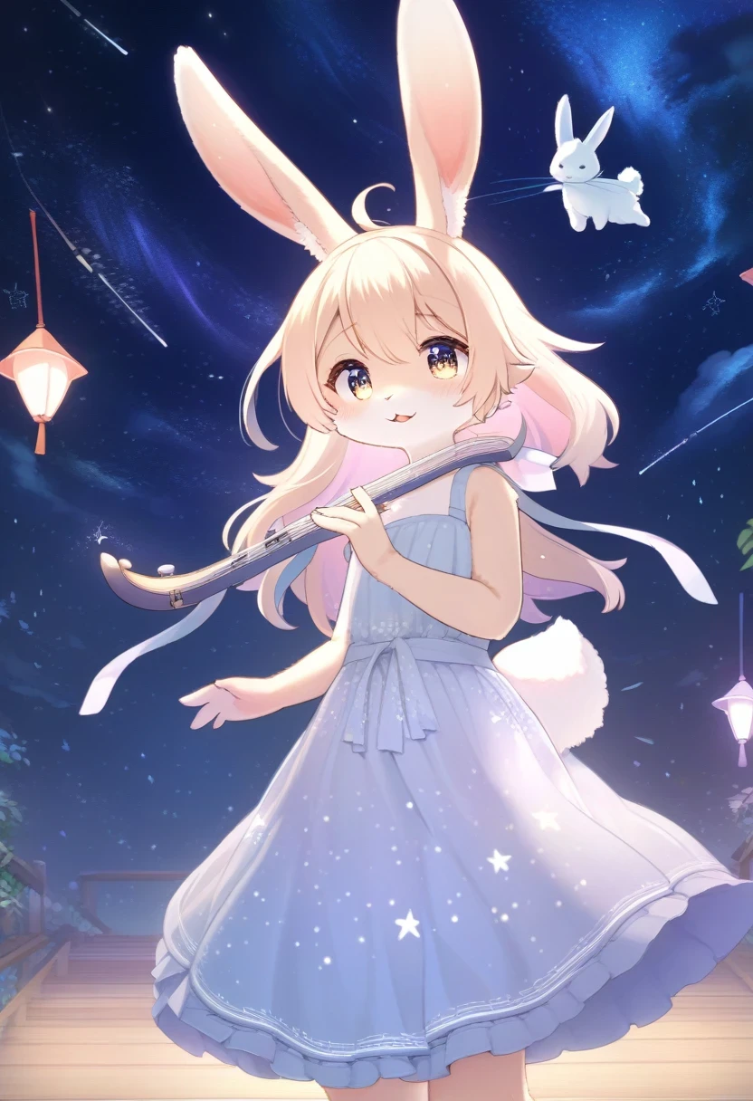 ((Masterpiece)), ((Best Quality)), (Very Detailed), ((Very Detailed)), 4K, (8K), very aesthetic, absurdres highres, 1 woman, (anthropomorphic Rabbit, furry, kemono:1.5), A young girl at a starry sea music festival, wearing a dress woven with tiny stars that glow as she moves. She plays a star-shaped instrument on a stage set under a galaxy-filled sky, with constellations and shooting stars. The atmosphere is filled with joy and wonder, with star-shaped lanterns and a beautifully decorated stage. The music reverberates through the starry sea, making the stars dance to the rhythm.