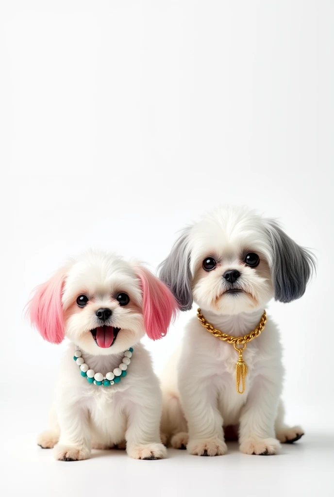 A white (all white) shitz tu dog small with a smile and pink dyed down ears (both ears) and a white and teal (alternate) beaded necklace. Beside the shitzu is another shitzu (all white) he is taller than the other shitzu but he has grayish bluish down ears (both ears) with a dog gold chain. All their hair is down NO HAIRSTYLES AND ALL WHITE DOGS and they BOTH HAVE EARS THAT ARE DOWN