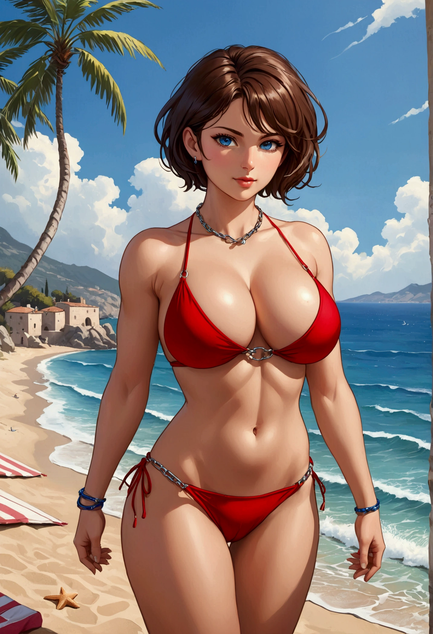 20 years old woman, Short brown hair, Mediterranean with blue eyes, Generous and heavy breasts, slender waist, estomac defini, fesses rebondies et pulpeuses, naturally curved, muscular thighs, aguicheuse, allongée sur une serviette à la plage, en bikini rouge sexy, Size chain