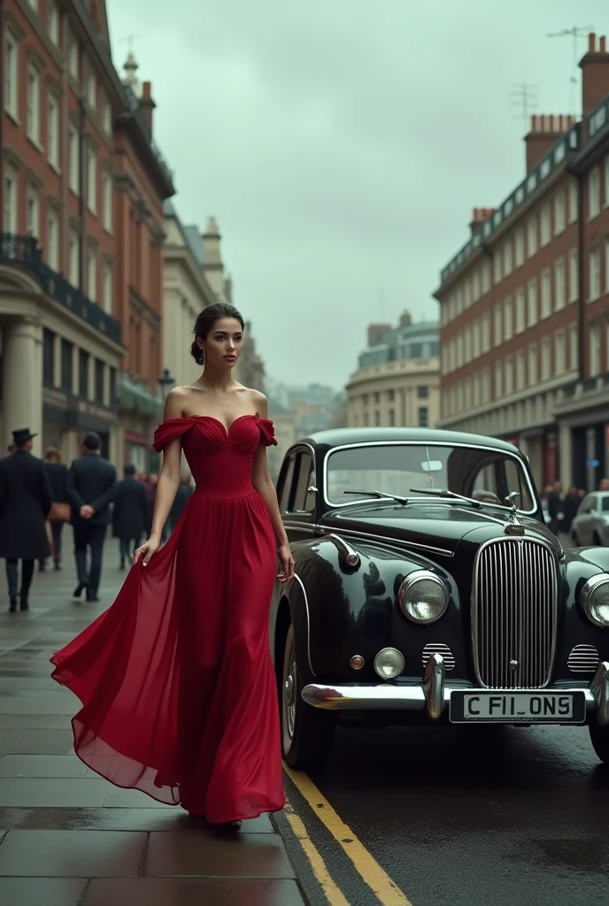 Black vintage car on London streets with cloudy sky about to rain with young woman in elegant red off shoulder dress standing on left sidewalk