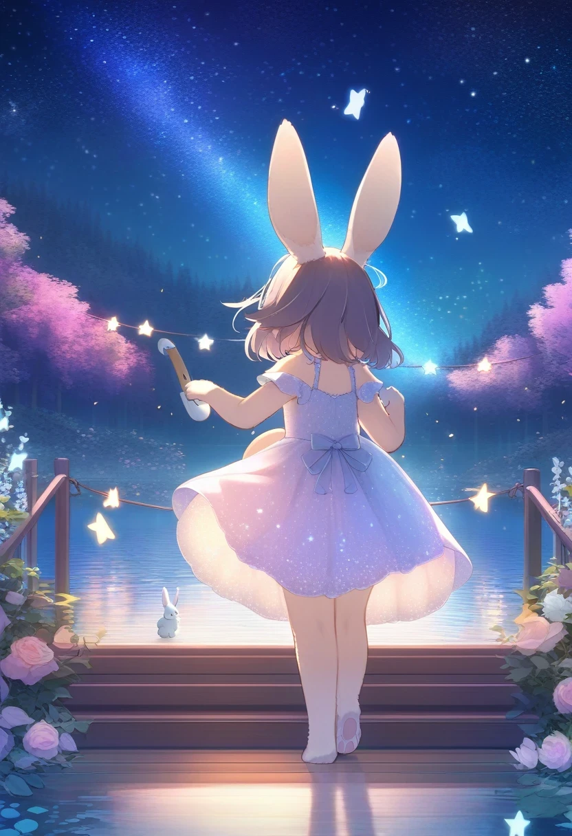 ((Masterpiece)), ((Best Quality)), (Very Detailed), ((Very Detailed)), 4K, (8K), very aesthetic, absurdres highres, 1 woman, (anthropomorphic Rabbit, furry, kemono:1.5), A celestial music festival under a starry night sky, with a young girl wearing a shimmering dress made of stars. She plays a star-shaped instrument gracefully, her dress lighting up with each note. The stage is illuminated by spotlights and decorated with star-shaped lights and flowers, set against a backdrop of a serene lake and forest. The music echoes through the starry sea, causing the stars to shine in harmony.
