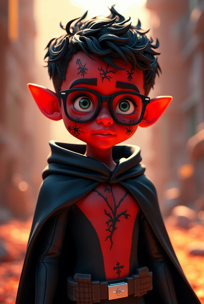 Generate me an image of a 9 year old boy with red skin and black scars, Star Wars style black cape glasses and Disney Pixar style 