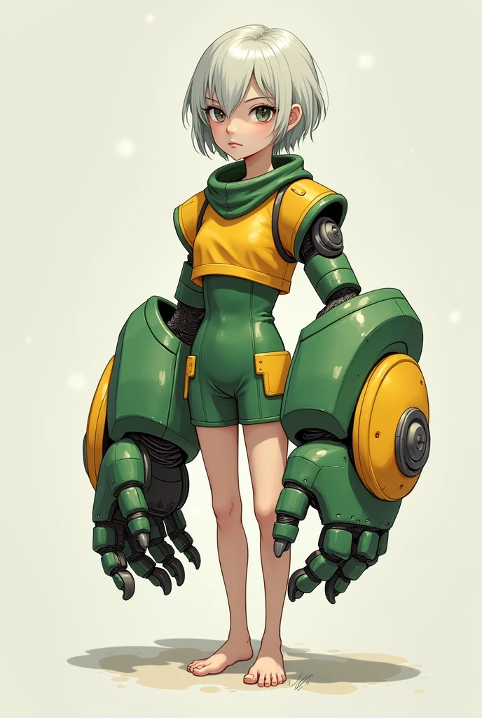 Short girl, blind with grey eyes, short hair, with giant robotic gloves, green and yellow clothes, barefoot,