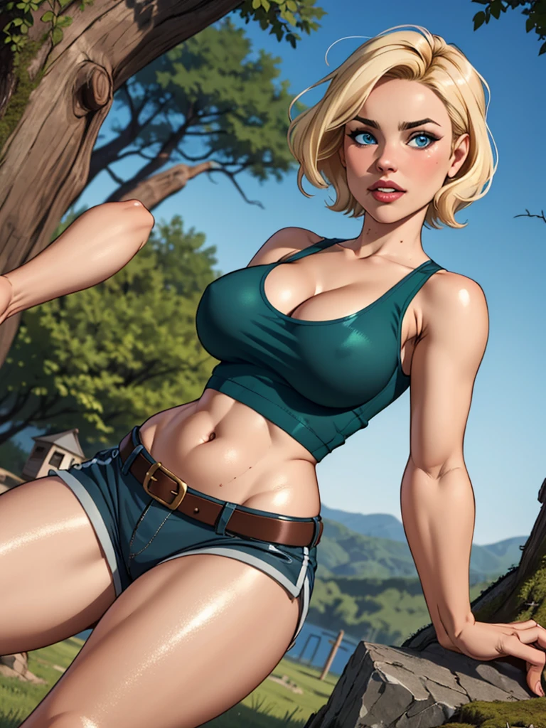 Hot blonde girl with short hair, blue colored eyes, wearing a A pair of moss green camp shorts, wearing a Belts on her shoulders, wearing a white tank top showing her belly, cleavage, defined and shiny breasts, low angle image 