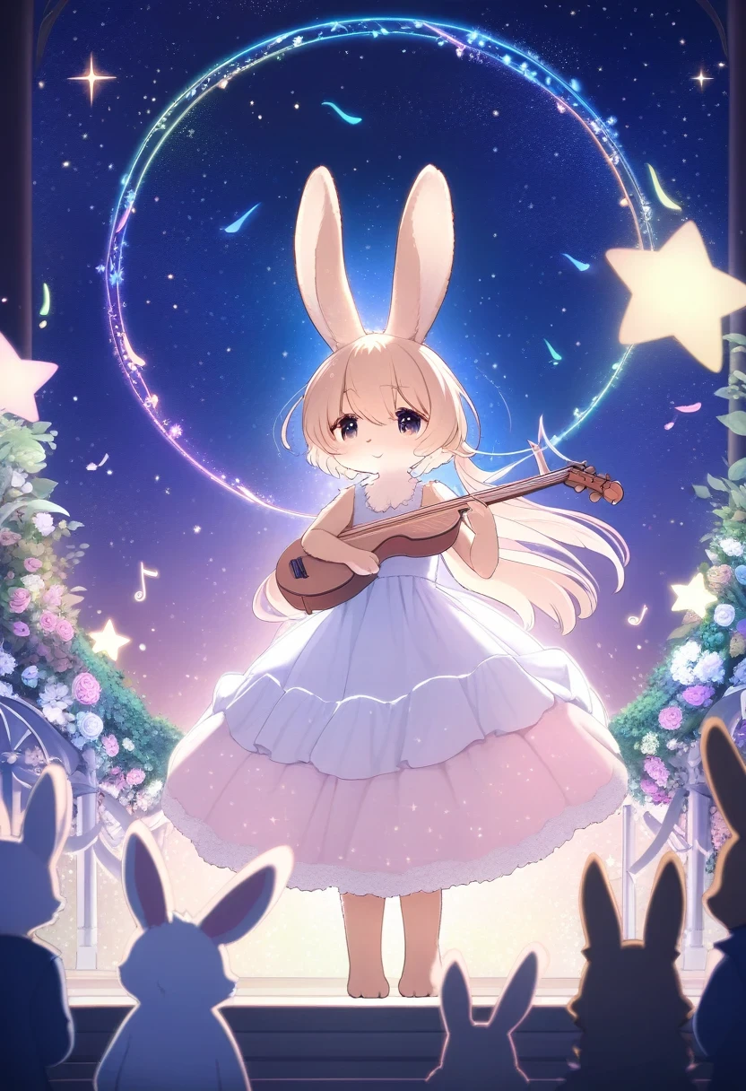 ((Masterpiece)), ((Best Quality)), (Very Detailed), ((Very Detailed)), 4K, (8K), very aesthetic, absurdres highres, 1 woman, (anthropomorphic Rabbit, furry, kemono:1.5), A young girl in a dress made of tiny stars, playing a star-shaped instrument on a stage at a celestial music festival. The night sky is filled with constellations and shooting stars, and her dress sparkles with every movement. The stage is adorned with star-shaped lamps and floral arches, creating a magical and festive atmosphere. The music resonates through the starry sea, making the stars twinkle in rhythm.
