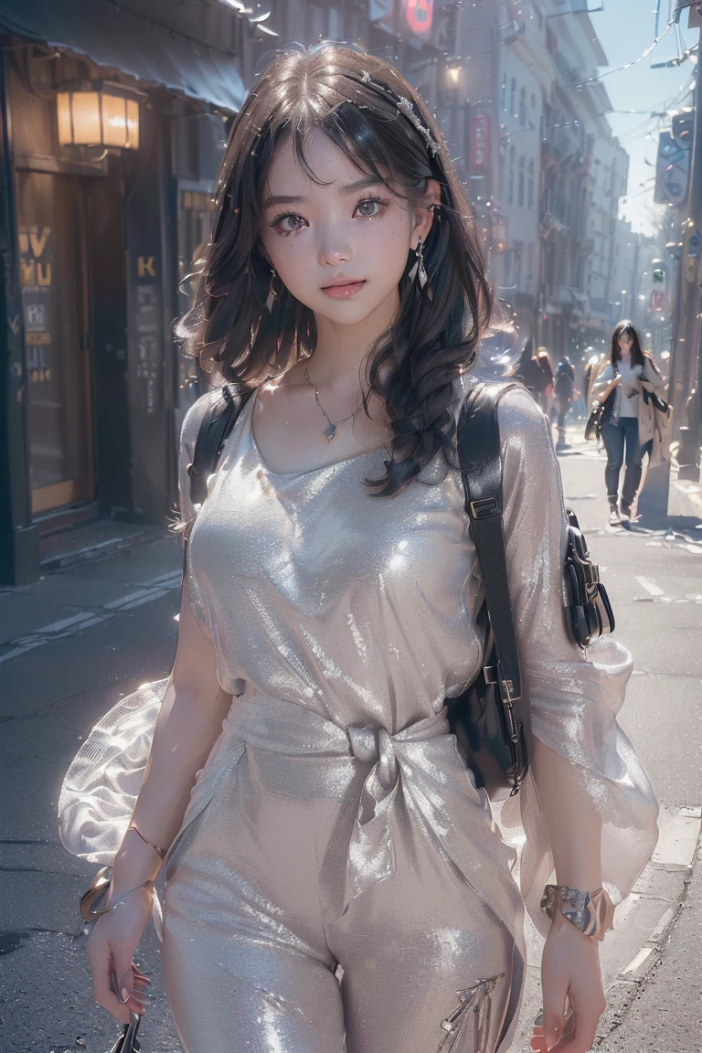 (((top-quality, 8K,超A high resolution、ultra-detailliert))),1girl in,female high-school student,a beauty girl,Street attire,(( t, silver pants, fashion little bag、(( )、(   light black hair,Colorful Extended Hair),perfectbody,skinny, Tied waist,Beautiful face, acurate, Anatomically correct, Highly detailed face and skin texture, Big eyes drawn in detail, Double eyelids, Thin eyebrows, Glitter Eyeliner: 1 Natural cheeks, Glossy skin, Fair skin: 1.2, (Glossy lips: 1.4),Highly detailed facial and skin texture, Detailed eyes, Double eyelids, Natural cheeks, , shiny lips: 1.4,Simple necklace and earrings,Smile and watch the viewer,Walking in the city,【Not blurry,profetional lighting,Professional effects、(masutepiece: 1.3), (max resolution: 1.2), (Ultra HDTV: 1.2),octanerender, Fujifilm X100, Intense cinematic shots, Shallow depth of field, Volumetric lighting, kintsugi,(8K、Raw photography、​masterpiece:1.4)、(realisitic、Photorealsitic:1.37)、Shot with CineStill 800T、(Extreme top quality:1.3)、((depth of fields:))、absurderes、(超A high resolution、extremery detailed CG、hight resolution、realisitic、ultra-detailliert、a picture、A hyper-realistic、ultra-detailliert、Cinematic atmosphere、8K UHD、insanely detaileda、trending on artstationh、awardwinning photo、extremely detailed photo、hight resolution:1.5)】No tags or text