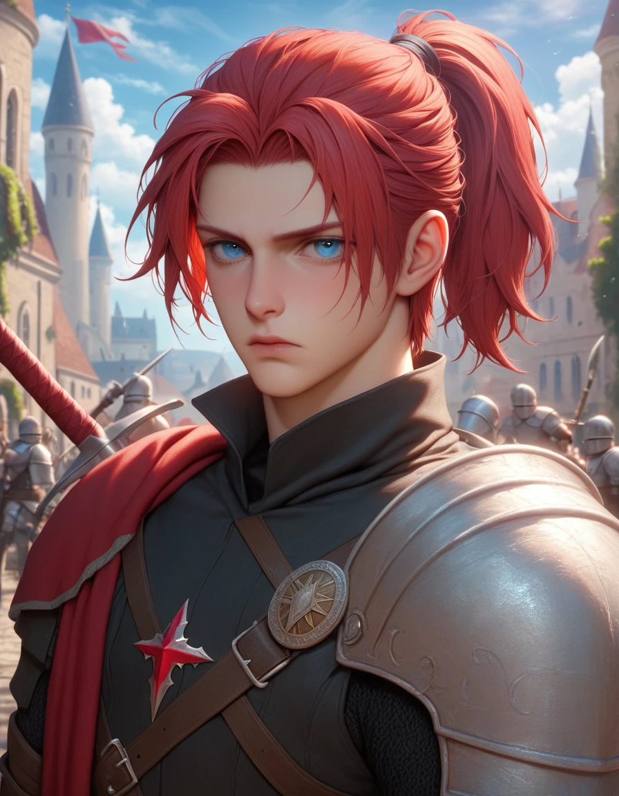 A man with red hair and black clothes, Beautiful face, blue eyes, very detailed young anime, Manga wallpaper 4k, anime man, detailed drawing of an anime character, shabby armor, shoulder length hair, shot ponytail on the back of the head, shoulder length hair, frowning, medieval, knight, warrior, not asian