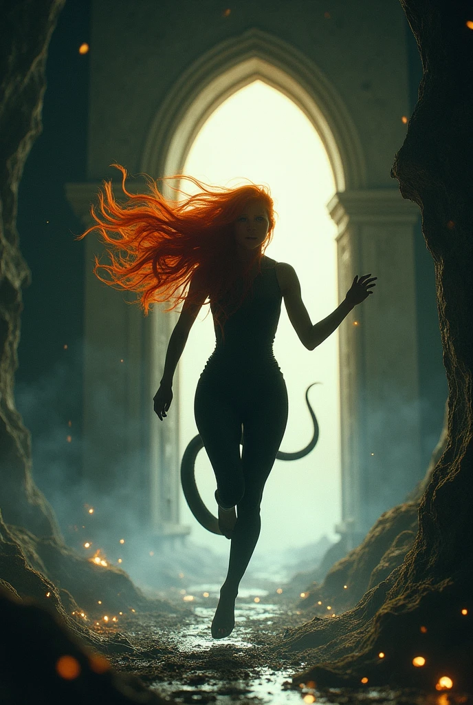 redhead snake woman running towards a portal door,with black clothes and a mystical background with shadows