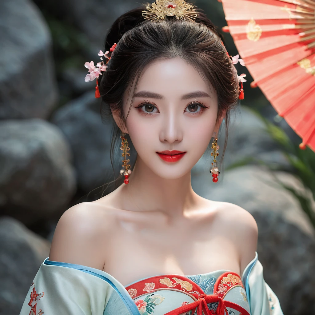 canción Hanfu, Hanfu, song theme, Bandeau, tube top, ((Gufeng,bare shoulders)), realist, fashion girl, Red lips, mature woman, make up, large eyes, pretty eyes, ((Whole body)), ((from below)), (Best Quality, masterpiece:1.2), ultra detailed, (realist:1.37), ((long sexy legs)), beautiful, youth, glamorous model with (detailed eyes, detailed lips, extremely detailed eyes), showing a radiant smile, creating a stunning representation of a girl,  warm tones, extremely high color saturation, official art, Extremely detailed 8k unified CG wallpaper,(High dynamic range :1.4), (cinematographic),(Soft colors, Muted colors, calming tones :1.3), (Natural skin texture, ultra-realist, luz outfit, sharp),(Very detailed), evening, Moonlight, ((in the mountains, plants, leaning against rocks))