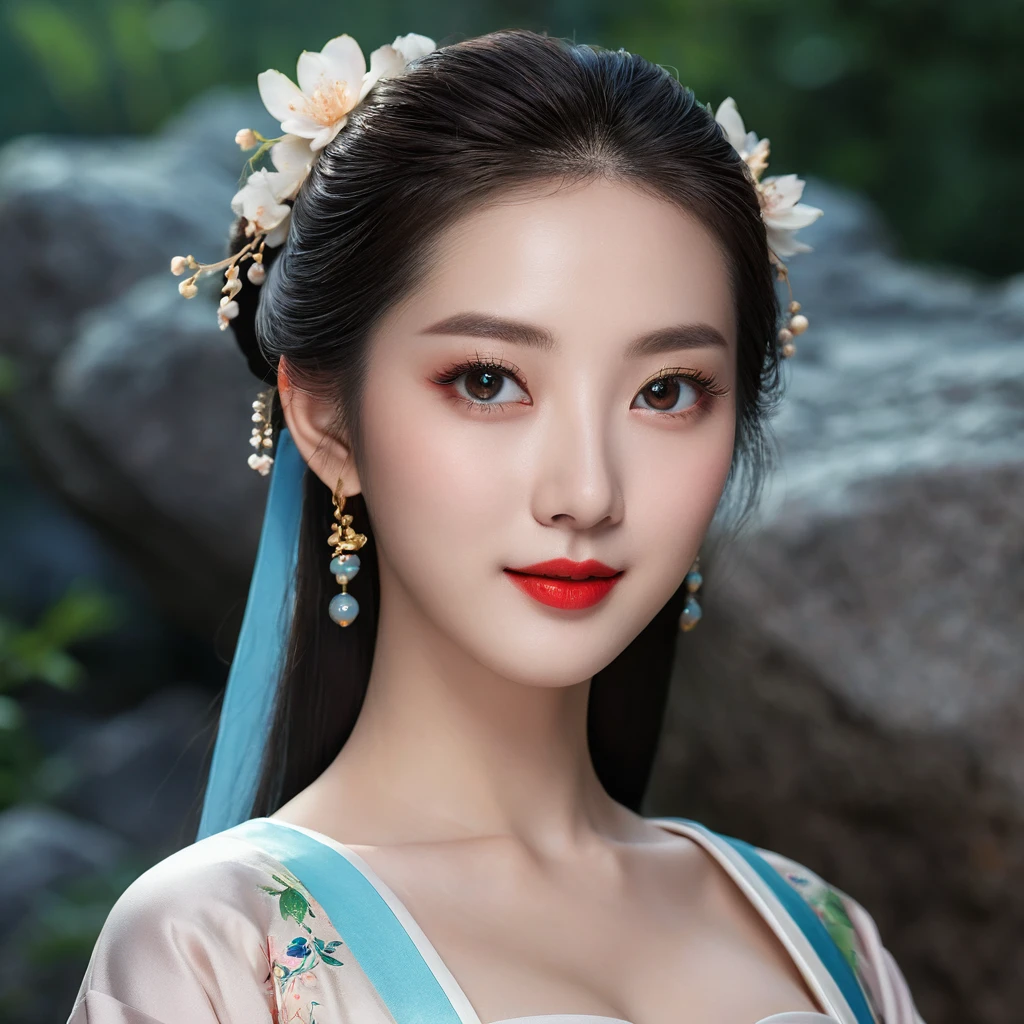 canción Hanfu, Hanfu, song theme, Bandeau, tube top, ((Gufeng,bare shoulders)), realist, fashion girl, Red lips, mature woman, make up, large eyes, pretty eyes, ((Whole body)), ((from below)), (Best Quality, masterpiece:1.2), ultra detailed, (realist:1.37), ((long sexy legs)), beautiful, youth, glamorous model with (detailed eyes, detailed lips, extremely detailed eyes), showing a radiant smile, creating a stunning representation of a girl, warm tones, extremely high color saturation, official art, Extremely detailed 8k unified CG wallpaper,(High dynamic range :1.4), (cinematographic),(Soft colors, Muted colors, calming tones :1.3), (Natural skin texture, ultra-realist, luz outfit, sharp),(Very detailed), evening, Moonlight, ((in the mountains, plants, leaning against rocks))