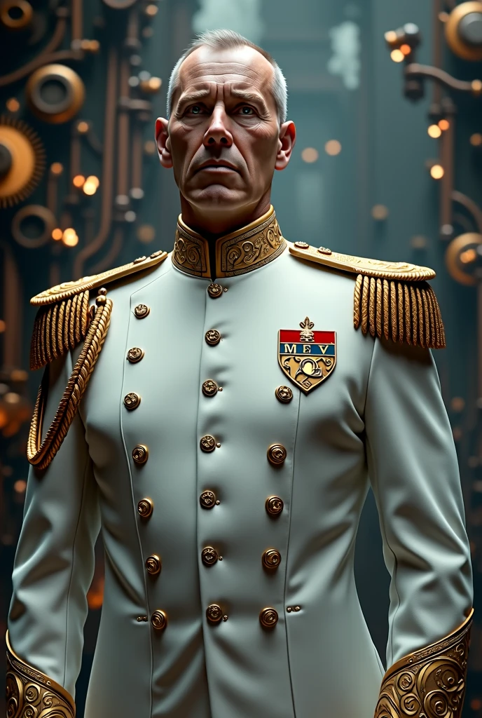 A man in a white general's suit, with a steampunk vibe.