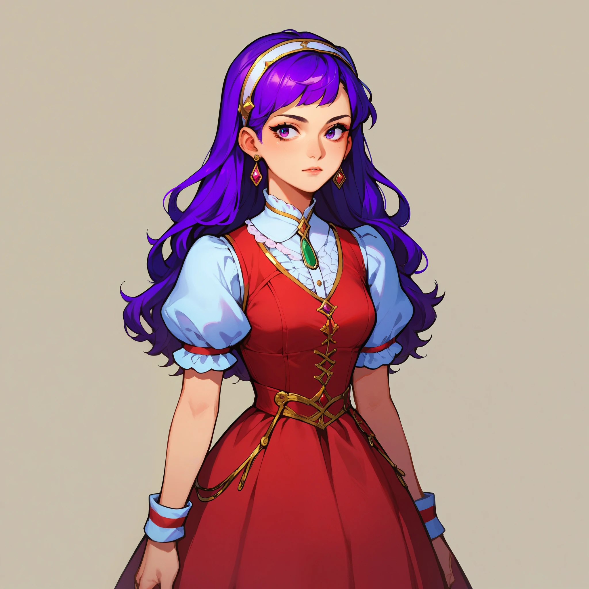 beautiful face,Best Quality,High resolution, (1 girl:1.3),Alone,,purple hair, by the wide, hair band, by the wide,
earrings, (Red dress:0.9), puffy short sleeves, white sleeves, wristband,(standing:0.9),(calidad standingrnas abiertas:0.6),Whole body, beautiful legs, (red pantyhose:0.9),white socks,(necklace with 5 purple beads:0.5),