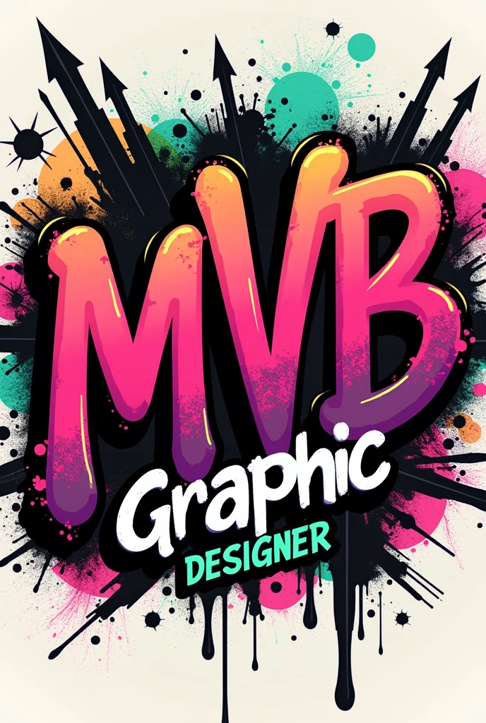 "Develop a logo in the street graffiti style, with an urban and bold aesthetic, where the initials 'MVB' are the central point, followed just below by the phrase 'Graphic Designer'. The letters 'MVB' must be large and imposing, with a graffiti-inspired typography, using irregular shapes, thick outlines, and details that resemble paint sprays and brush marks. Each letter can have a unique texture, such as cracks or paint drops, to intensify the feeling of urban art.
The text 'Graphic Designer' should be positioned just below 'MVB', in a simpler typography, but still reflecting the energy of the graffiti style. It can be a sans-serif font with soft edges and hand details, maintaining coherence with the urban theme, but without overloading the design.
For the background, use a vibrant color palette, such as neon tones (pink, lime green, orange) or contrasting combinations of black, gray and white with bright touches. Add typical street art elements like paint splatters, stencils, or shadows, creating a three-dimensional effect that makes the letters appear to pop off the wall.
Incorporate graphic details, such as arrows, stars, or abstract shapes, which echo the graffiti style and bring movement to the design. The composition must be rich in visual elements, but still maintain a balance, avoiding visual pollution. The end result should be a logo that exudes the raw and vibrant energy of the streets, with 'MVB' as a strong and iconic brand in the world of urban graphic design." Throw Up or Bombs: Fast paintings with a rounded shape, thick and humorous letters 3D Style: Paintings in three dimensions that use light, shadow, contour and depth effects to give the impression of movement and reality