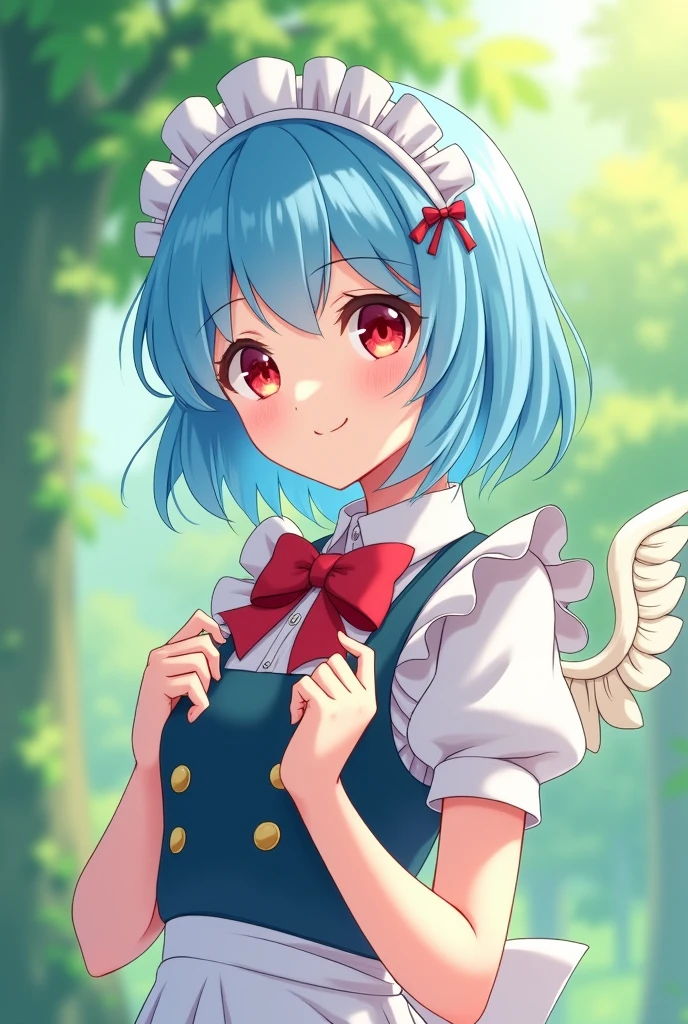 Maid cafe maid with short blue hair, Red eyes, a sensual and happy expression, age range between 18 and 26 years, with angel wings, anime style completely in 2D, with pastel colors, with a completely flat and green background