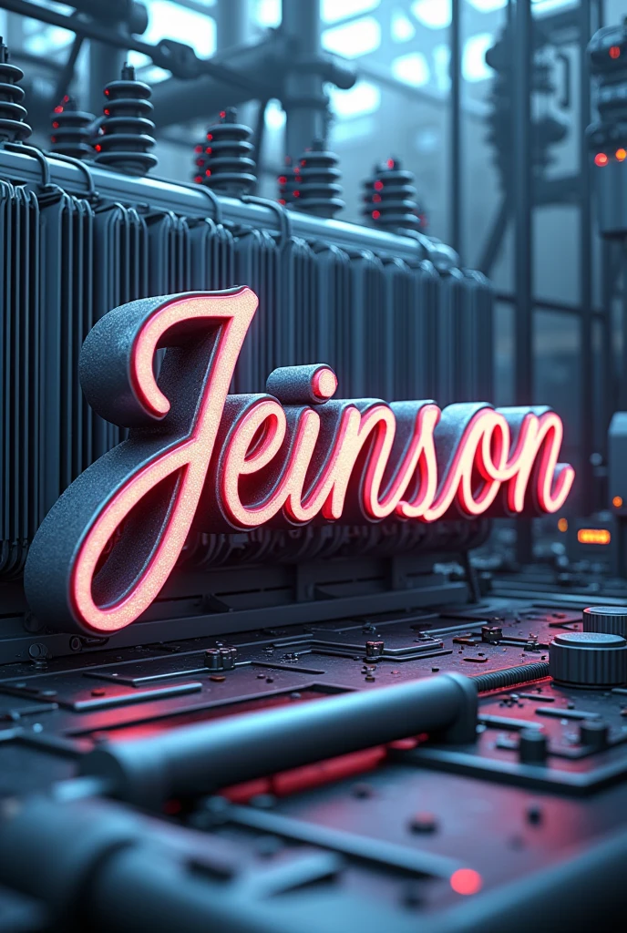  Image with the name jeinnson in cursive letters with a background of electricity transformers 3D art and tools 