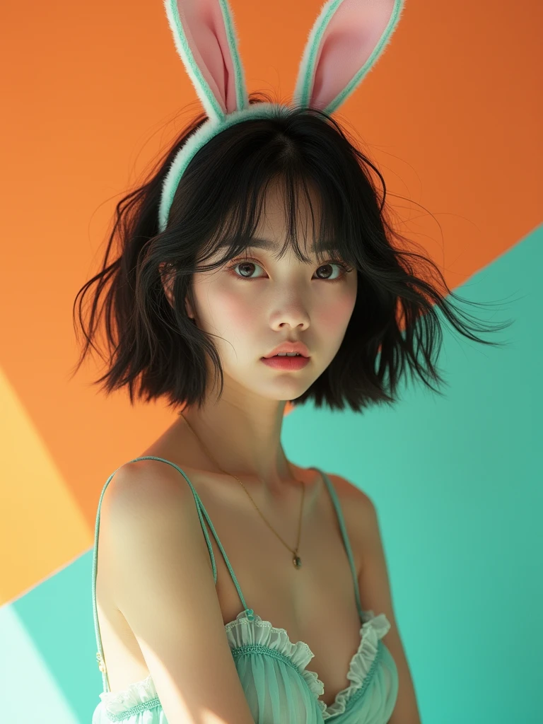 real photograph, (masterpiece), (highest quality), (Super detailed), (messy hair), (shape), (one japanese girl), (chiffon frill bikini), rabit ear, sitting down, Fashion Model, (simple orange mintgreen blue background), fine and beautiful eyes, pretty faced, floating, (high color saturation), focus on face, black bob cut hair, floating Hairs, (shining), best writing, best shadow,