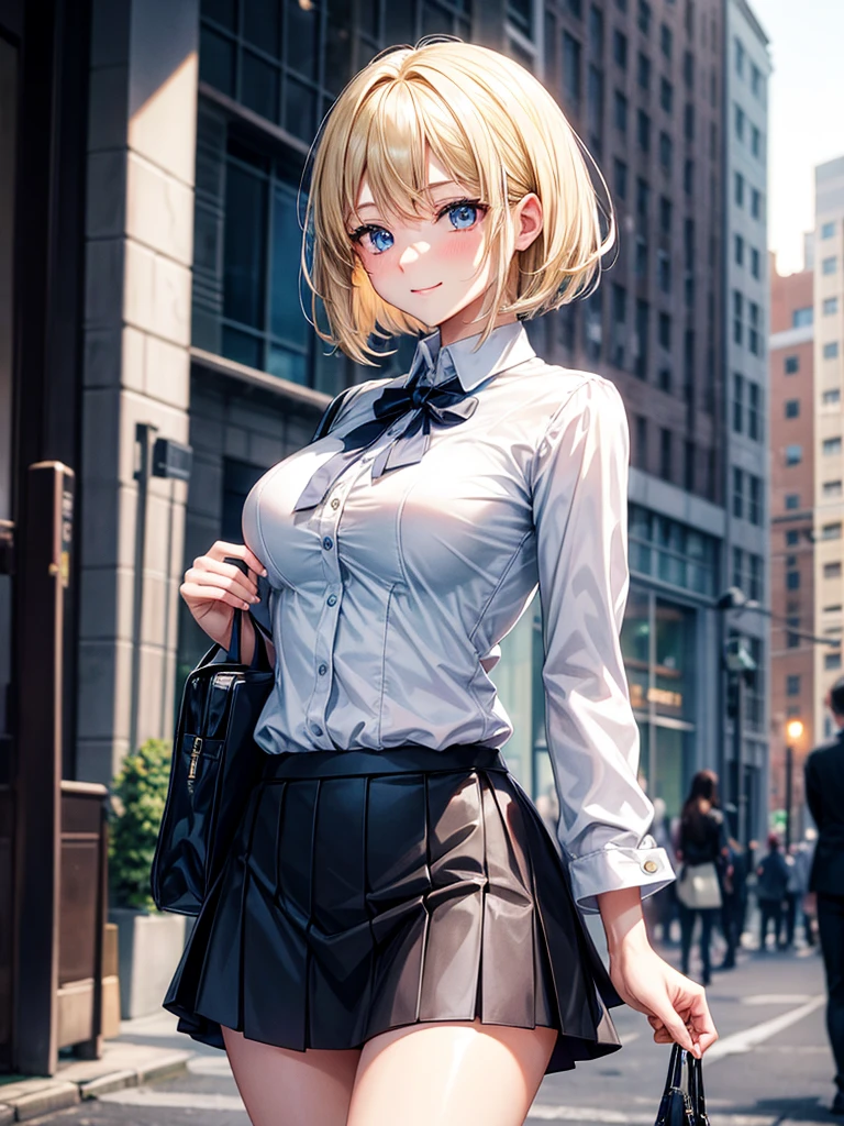 Anime style, super fine illustration, highly detailed, beautiful detailed, pale tone image, static representation, gentle expression, 8k, pretty 1girl with blonde straight short hair & blue eyes & a bright smile & full bust & soft fair skin is wearing big white business shirt not to show her skin & black tight skirt & 1business bag, on the business building street, in the morning, brilliant particles of lights, romantic stories, solo, perfect fingers, perfect arms, perfect legs, masterpiece.