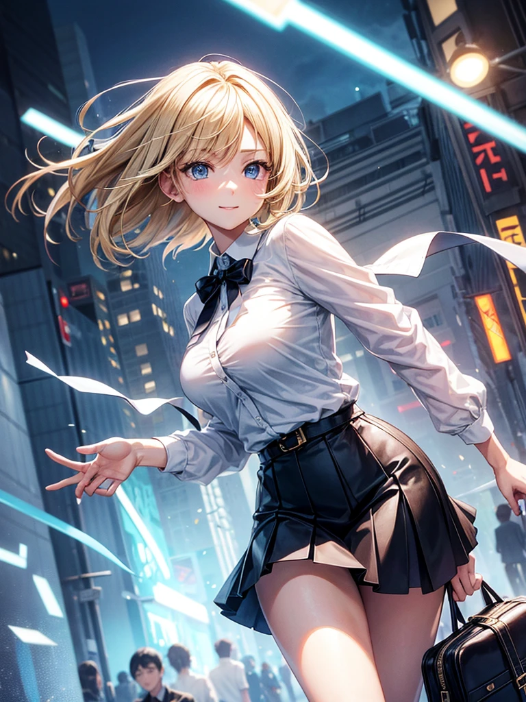 Anime style, super fine illustration, highly detailed, beautiful detailed, pale tone image, static representation, gentle expression, 8k, pretty 1girl with blonde straight short hair & blue eyes & a bright smile & full bust & soft fair skin is wearing big white business shirt not to show her skin & black tight skirt & 1business bag, on the business building street, in the morning, brilliant particles of lights, romantic stories, solo, perfect fingers, perfect arms, perfect legs, masterpiece.