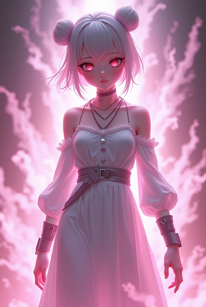 Ghost of a monkeyのオーラが背景、Pink eyes and twin bun hair、A beautiful girl in a white one-piece dress and combat gear is surrounded by a red monkey aura in the background.、Full image of the girl、Smaller breasts、Ghost of a monkey、Ghost of a monkey