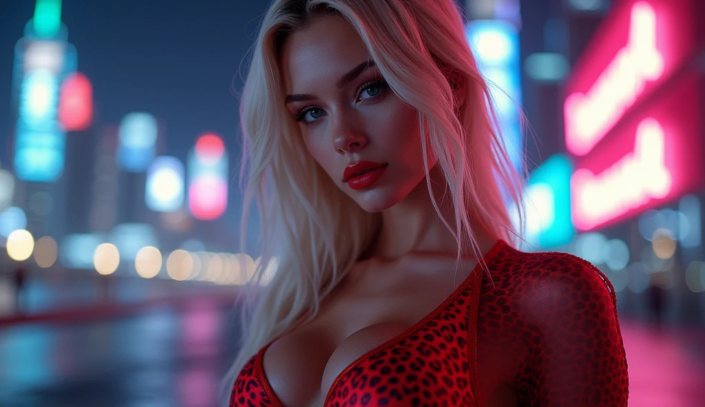 beautiful blonde girl with Nordic features, blue eyes, upturned nose, red lipstick, dressed very sexy in a red dress with a long neckline, big boobs, with neon lights on the night city futuristic, trasparent dress leopard skin