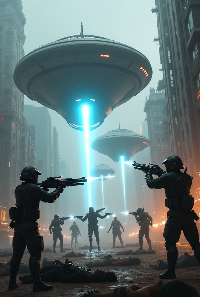 Aliens invading the world and abducting people and others shooting at the ships with a cyber gun with lasers and several humans lying on the ground and some flying