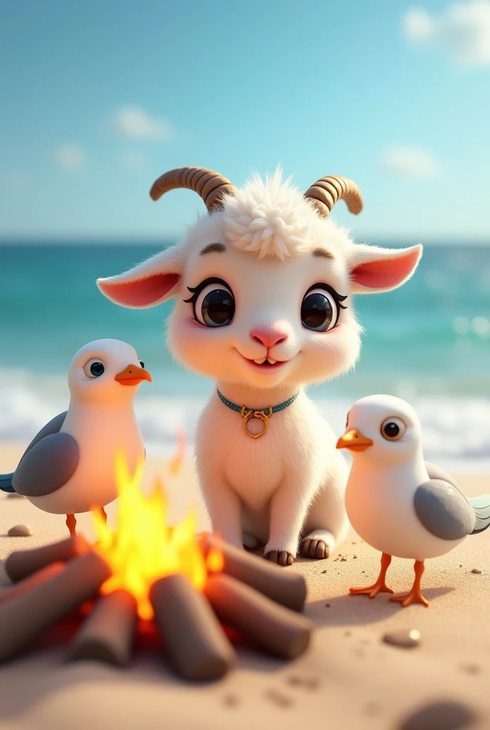 cute goat and two seagulls by the fire, on the beach, Day