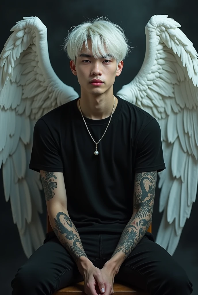 Handsome Boy white hair perfect body setting on the chair and have tattoos with black t-shirt and necklace like a fairy face smooth skin pink lips and dark smoke background and have a big wings of an angel at the back