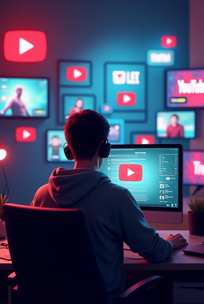 Youtuber recording video games and behind him youtube plates