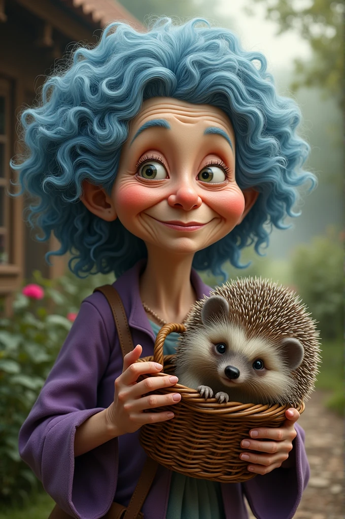 Old woman with curly blue hair
With an old basket in which there is an old hedgehog and a smile on the old woman's face