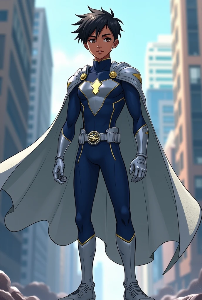 **Hero Name:** Mindwave
**Appearance:** Mindwave is a 15 year old boy, brown skinned, with short black hair and dark brown eyes.
**hero outfit:** He wears a tight navy blue suit with silver details that form geometric patterns.. Its cape is silver and flutters lightly, and he wears a navy blue mask. The gloves and boots are silver, complemented by a belt with the symbol of a mental wave, reflecting his powers of telekinesis. Make the full body image
