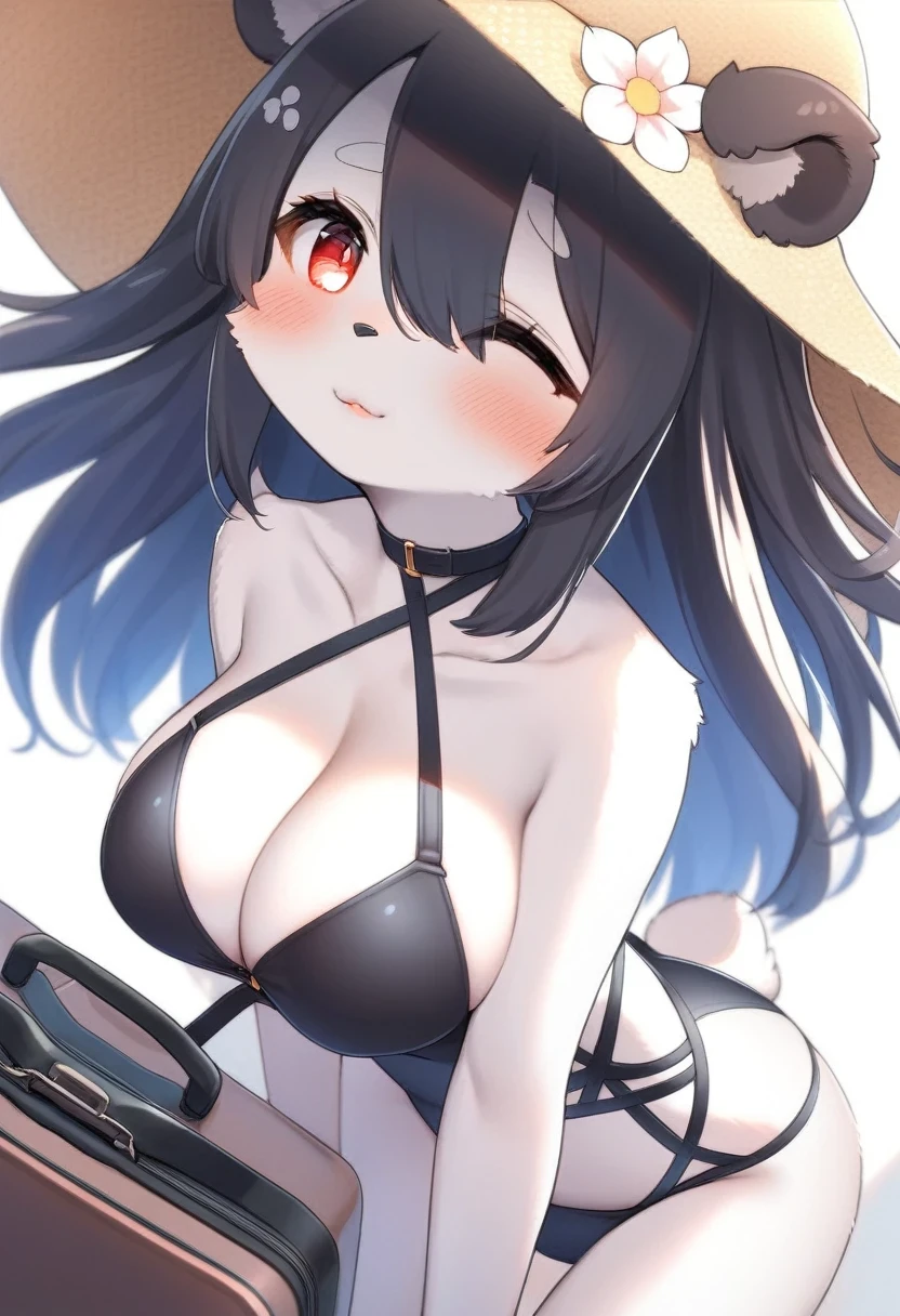 ((Masterpiece)), ((Best Quality)), (Very Detailed), ((Very Detailed)), 4K, (8K), very aesthetic, absurdres highres, 1 woman, (anthropomorphic panda, furry, kemono:1.5), breasts, breasts, black hair, hair over one eye, swimsuit, solo, official alternate costume, large breasts, red eyes, hat, cleavage, long hair, looking at viewer, white background, simple background, blush, one-piece swimsuit, sun hat, bikini, suitcase, braid, hat flower, collarbone, halterneck, black bikini, casual one-piece swimsuit, :o, white one-piece swimsuit, leaning forward, bare shoulders, black choker, choker, flower, parted lips, one eye covered, criss-cross halter, sandals, sitting, wariza, white hat, yellow hat, rating_explicit,