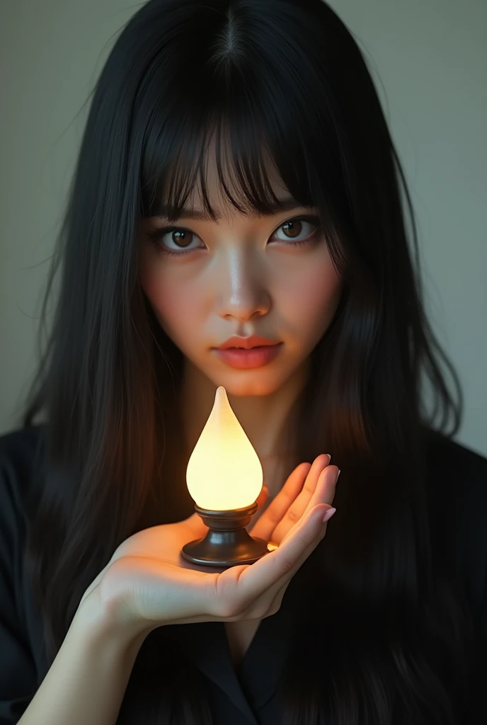  winking an eye, with long straight black hair, fair skin and dark brown eyes, with a lamp in hand signaling ideas