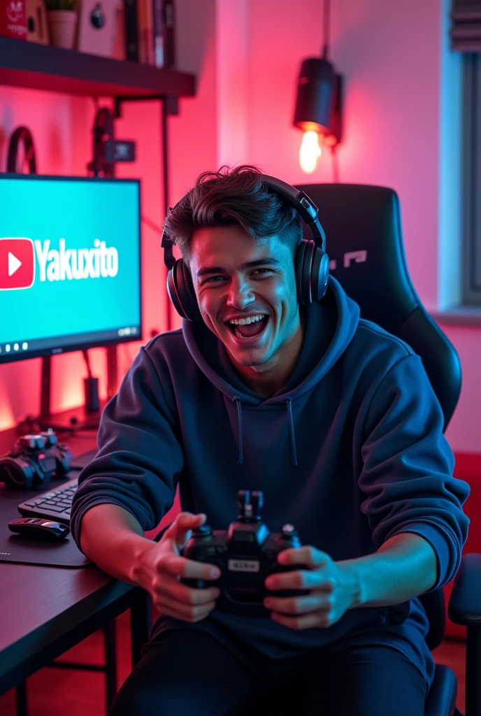 Youtuber recording video games and behind him youtube badges with the name dakuxito 

