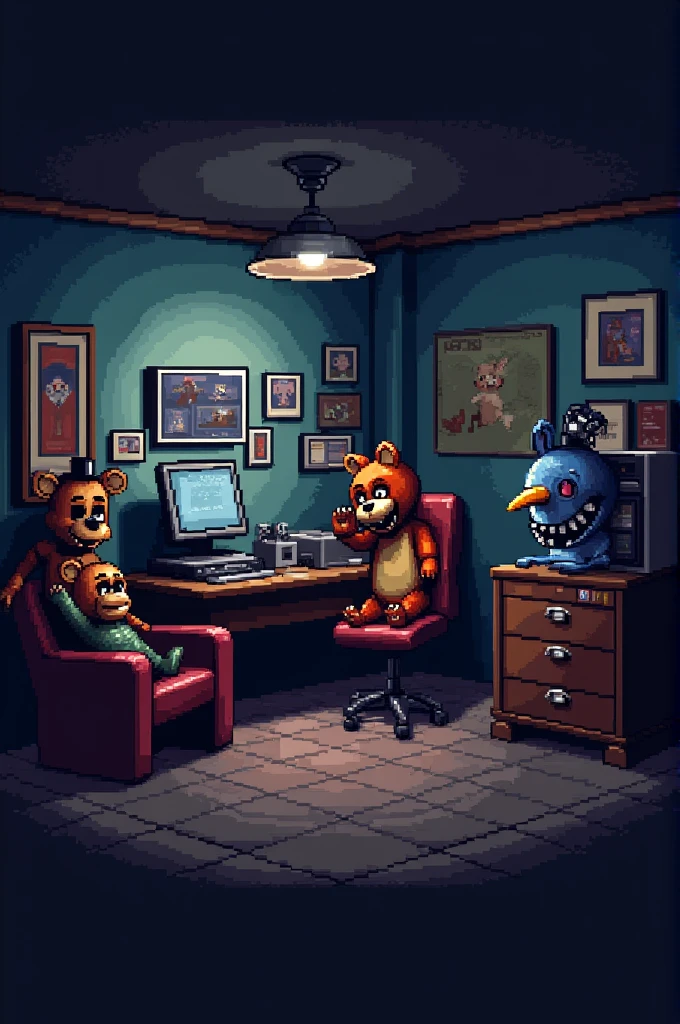 Create a retro pixel ART style image of the safe room from the game five nights at freddy's 1 with all the original details