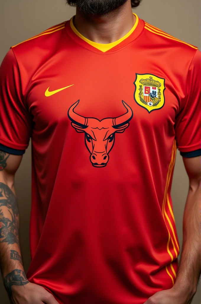A red and yellow Spanish sports shirt with a bull design