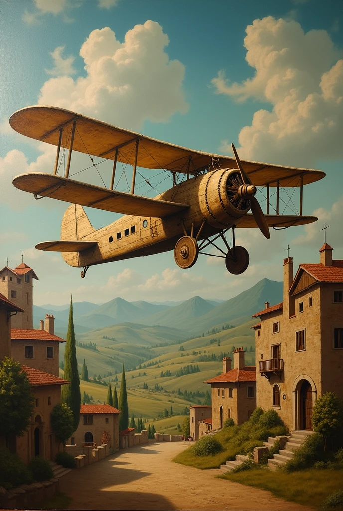 Create a painting depicting an old airplane (pretending he was raised in the 15th century, Let's pretend we're in the 15th century at the time of Leonardo da Vinci), and with an ancient village as a backdrop