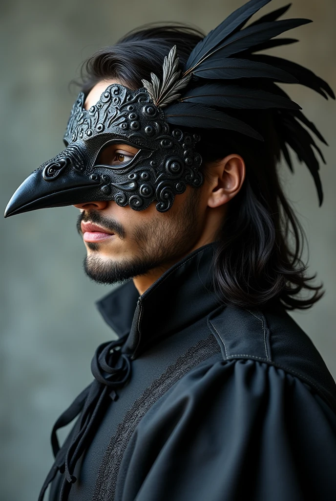 Um homem de cabelos pretos, with crow mask (the mask is very realistic) but showing the lower part of the face and the back of the head, 18th century clothing. with feathers.